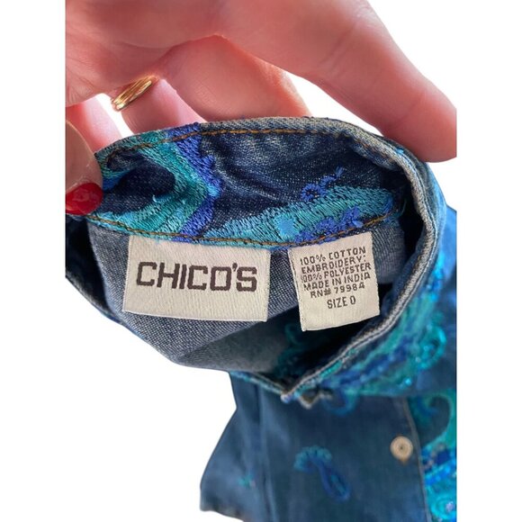 Vintage Chico's Embroidered Paisley Blue Denim Jacket Size 0 (Small) - Picture 5 of 5